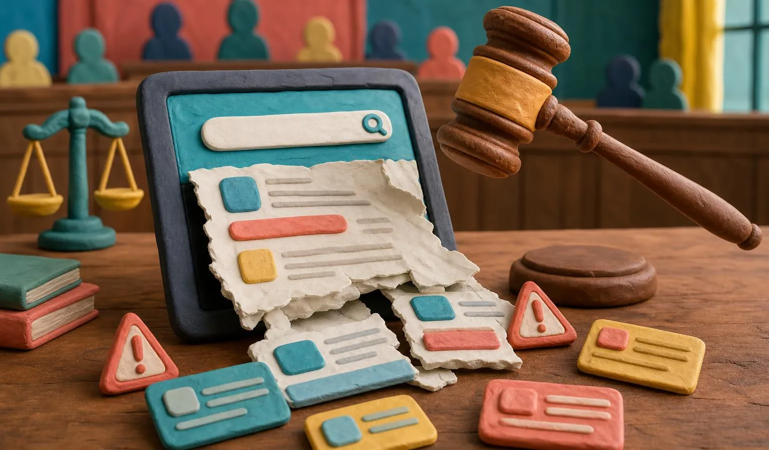 A clay courtroom scene where a judge’s gavel looms over a generic search tablet whose AI-generated answer cards spill out like legal evidence.