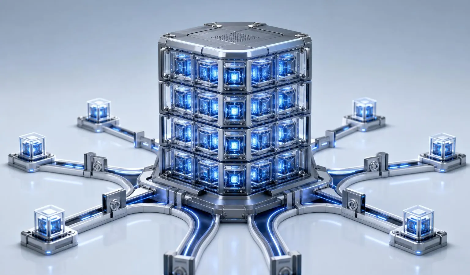 A central server tower divided into isolated transparent compartments, each containing a glowing compute cube connected by secure routing lanes in a clean studio setting.