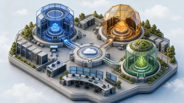 An isometric miniature cloud operations scene where three distinct AI model pods connect into one shared central hub, symbolizing a single platform offering multiple models.