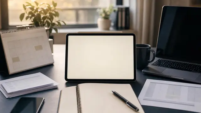 A sunrise-lit desk still life shows a generic tablet at the center with surrounding papers, laptop, and phone neatly organized as if one assistant is coordinating work across them.
