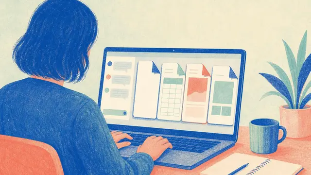 An anonymous person at a desk edits a document, spreadsheet, PDF, and slides inside one chat interface on a generic laptop.