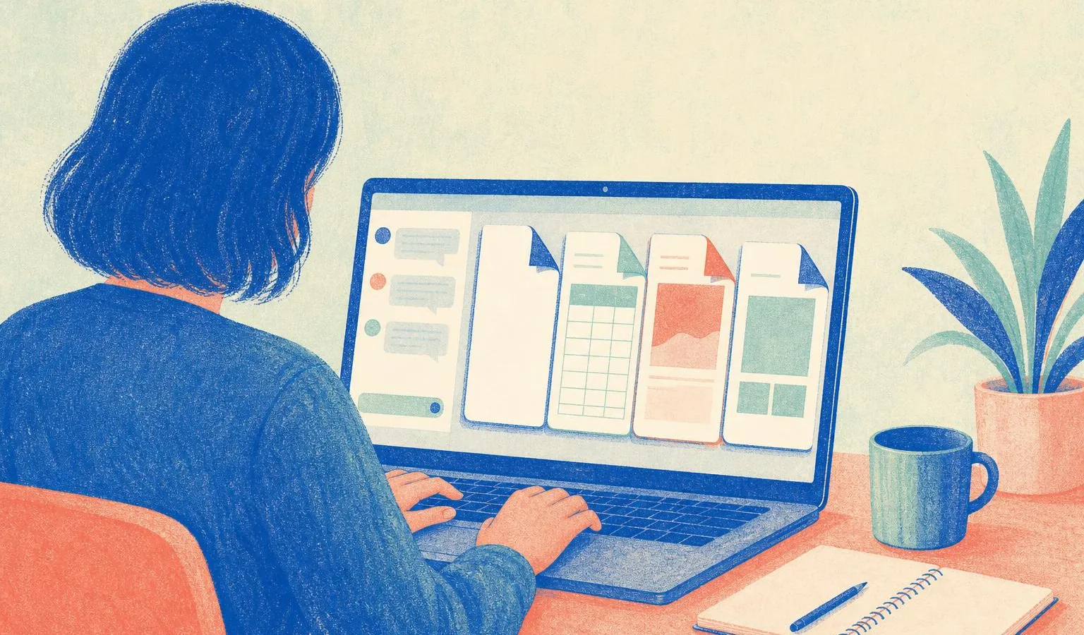 An anonymous person at a desk edits a document, spreadsheet, PDF, and slides inside one chat interface on a generic laptop.