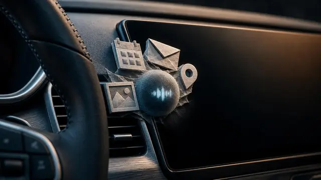 Extreme close-up of a car dashboard where everyday personal data shapes merge into a glowing assistant orb beside an unbranded screen.