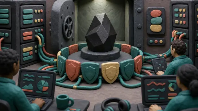 A charcoal clay AI core in a secure lab is surrounded by shield shapes and server racks while anonymous analysts monitor it from behind.