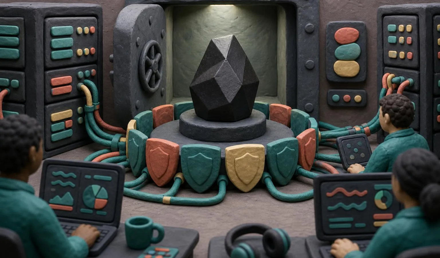 A charcoal clay AI core in a secure lab is surrounded by shield shapes and server racks while anonymous analysts monitor it from behind.