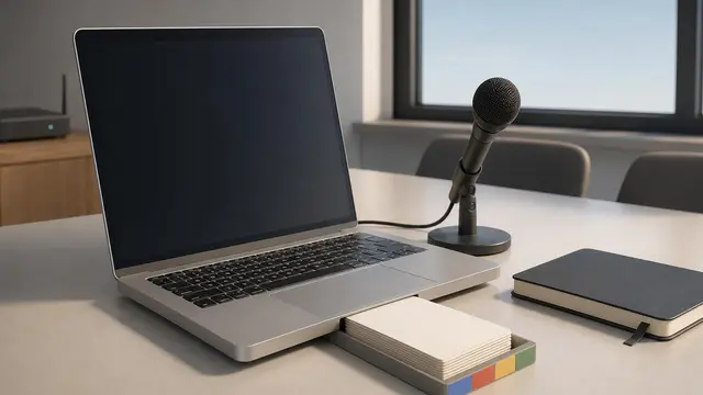 A generic laptop on a meeting table neatly producing organized blank note cards beside a microphone, suggesting offline on-device meeting notes.