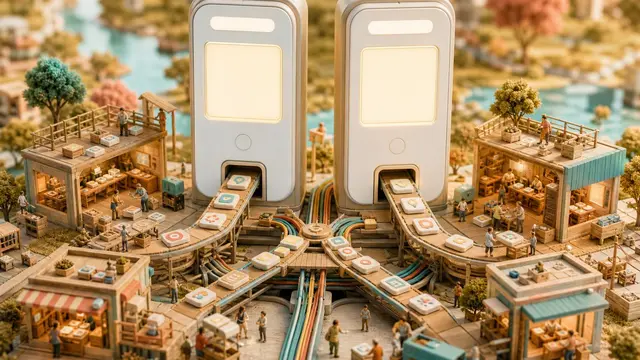 A tiny handcrafted diorama shows miniature app shops sending service tiles into two large blank assistant and search interface towers under warm light.