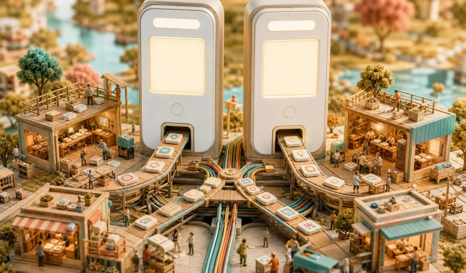 A tiny handcrafted diorama shows miniature app shops sending service tiles into two large blank assistant and search interface towers under warm light.