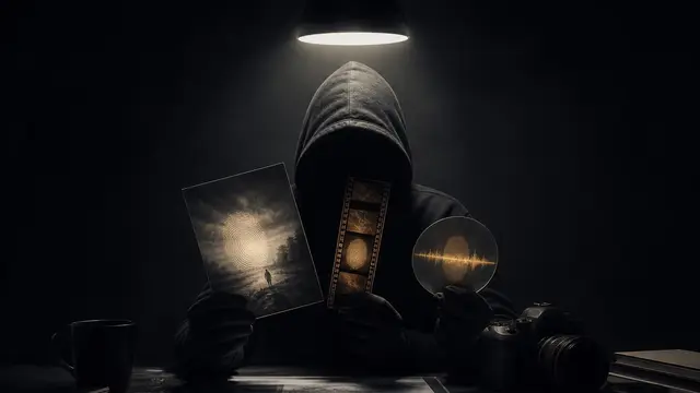 An anonymous reviewer examines a photo, video strip, and audio disc under a lamp as hidden watermark patterns glow inside the media.