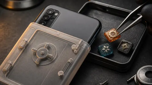 A close-up of a generic Android phone sealed in a translucent privacy sleeve while tiny custom app tiles are placed inside, symbolizing private AI-built installs.