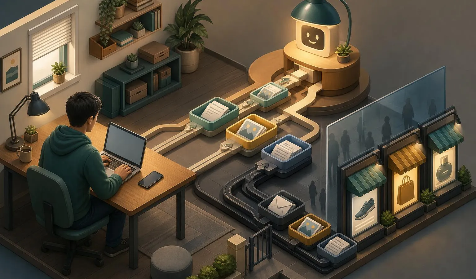 An isometric workspace shows personal files feeding an AI assistant while a separate path routes the same data toward ad billboards behind a privacy barrier.