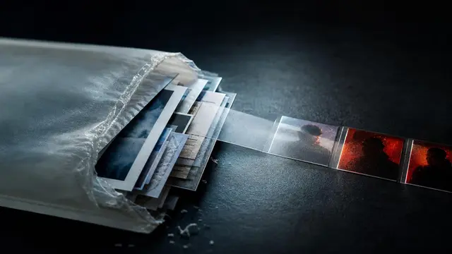 A cracked-open translucent envelope spills photo and email scraps through a frosted barrier toward small ad panels in a dark, dramatic macro scene.