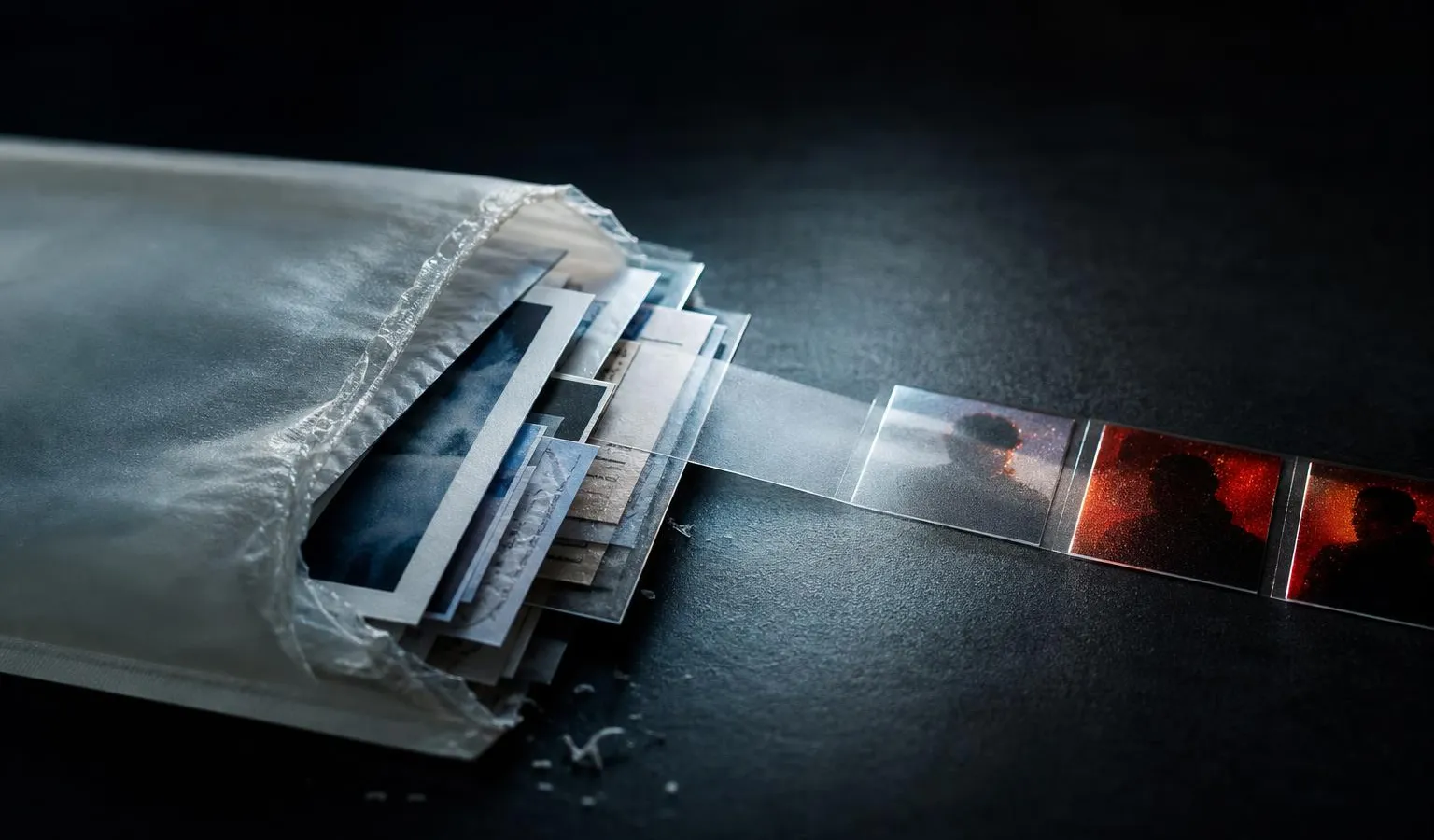 A cracked-open translucent envelope spills photo and email scraps through a frosted barrier toward small ad panels in a dark, dramatic macro scene.