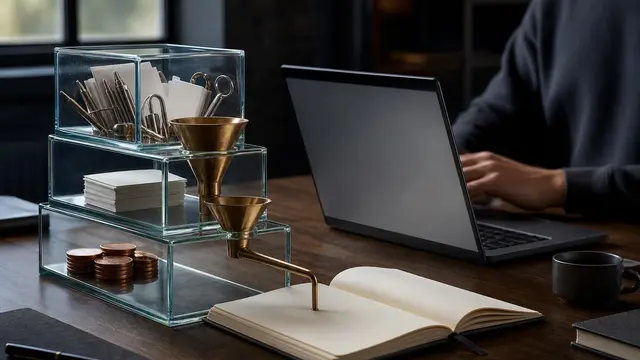 A developer’s desk with tiered glass modules and brass funnels symbolizing cheaper access and more powerful AI workflows.