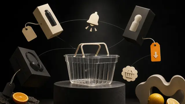 A glowing shopping basket in a dark studio pulls in products from different stores, surrounded by price-drop and restock alert symbols.