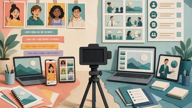 A paper-collage illustration shows two contrasting video creation workstations—creator-focused on one side and corporate training-focused on the other—with a blank camera centered between them.