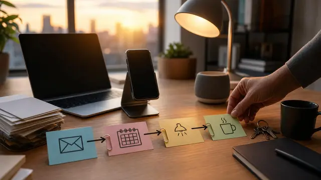 A warm, realistic desk scene where an anonymous hand organizes scattered everyday devices and notes into a simple automation chain around a generic phone and laptop.