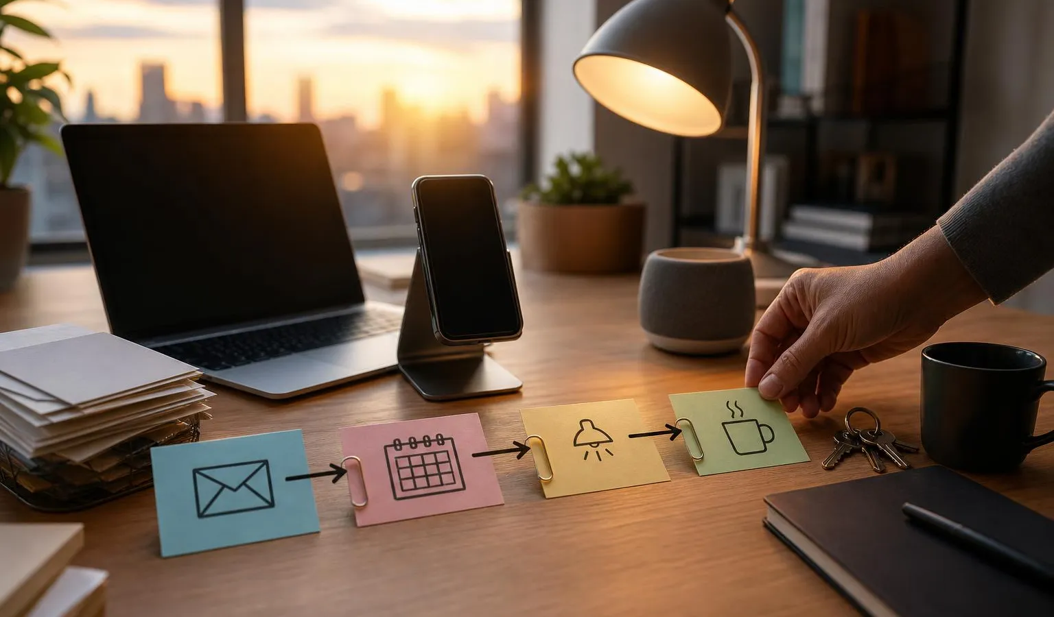 A warm, realistic desk scene where an anonymous hand organizes scattered everyday devices and notes into a simple automation chain around a generic phone and laptop.