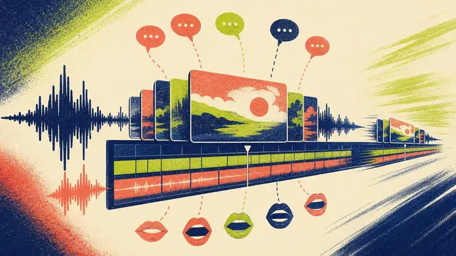 A risograph-style illustration of layered video frames, sound waves, speech bubbles, and a fast-moving editing timeline suggesting AI video generation and lip sync.