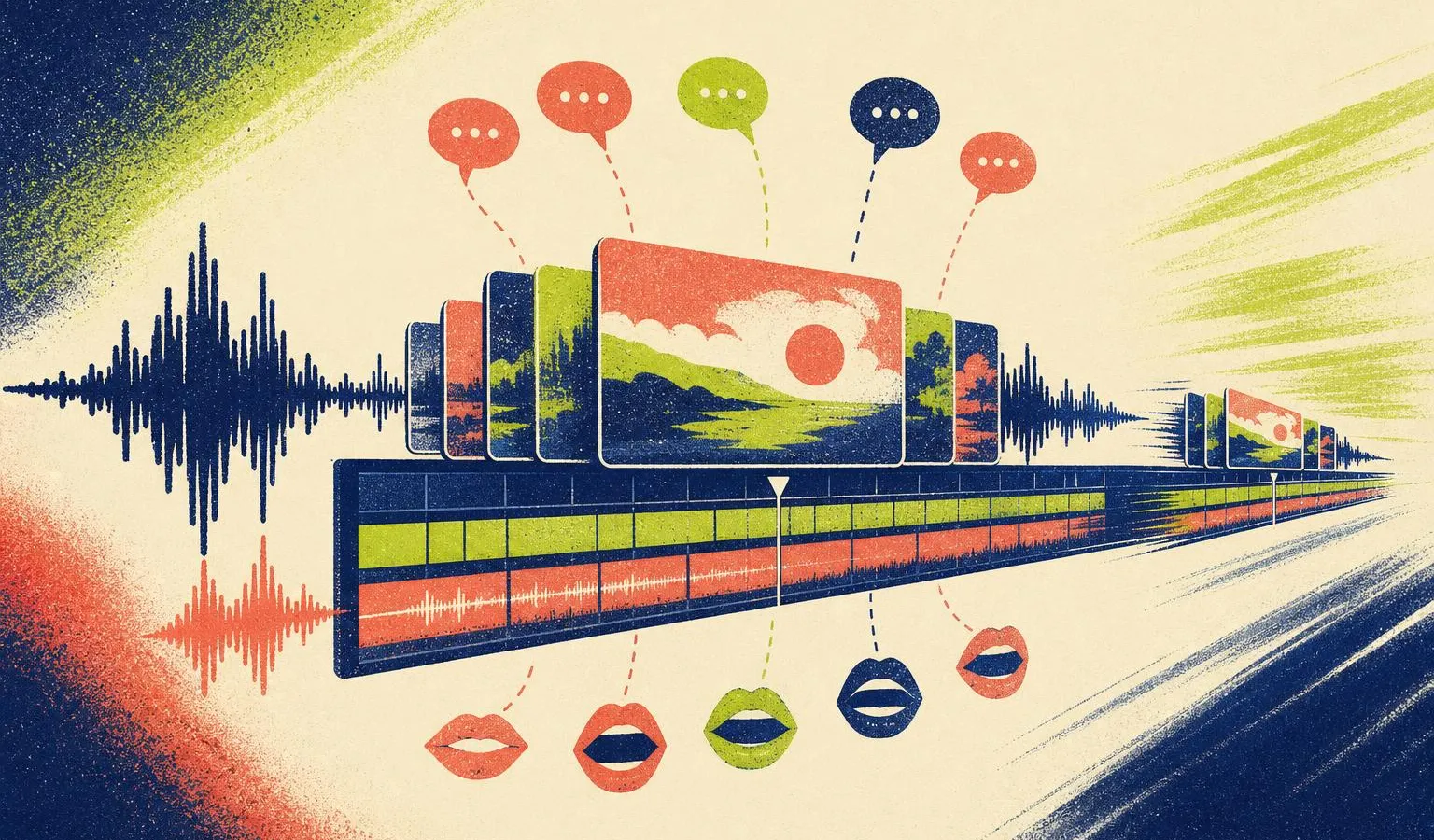 A risograph-style illustration of layered video frames, sound waves, speech bubbles, and a fast-moving editing timeline suggesting AI video generation and lip sync.