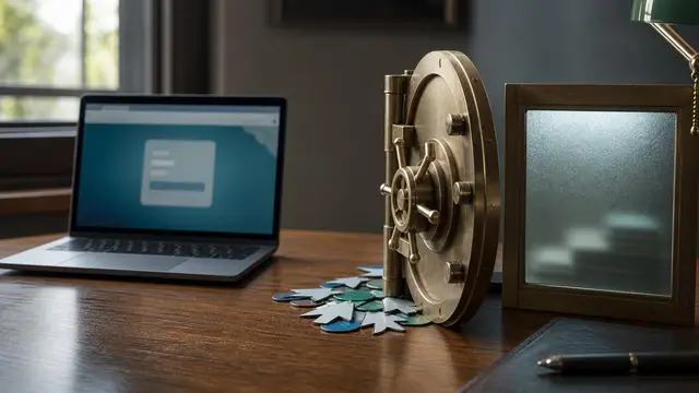 A generic laptop and miniature vault door on a desk symbolize banks blocking AI agents from using customer logins while read-only access remains available.