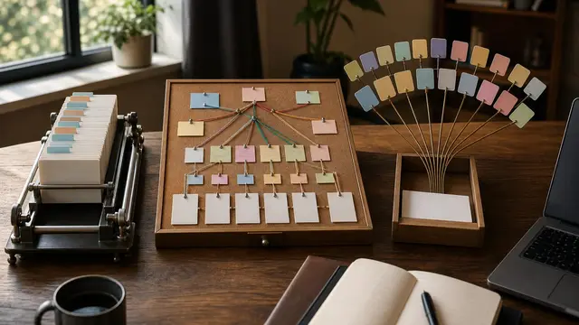 A sunlit desk still life compares three different automation workflows built from physical objects: precise cards, branching thread on corkboard, and a wide network of tiles, beside a generic laptop a