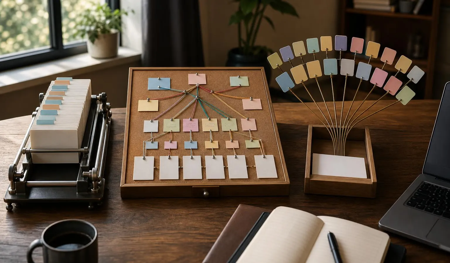 A sunlit desk still life compares three different automation workflows built from physical objects: precise cards, branching thread on corkboard, and a wide network of tiles, beside a generic laptop a