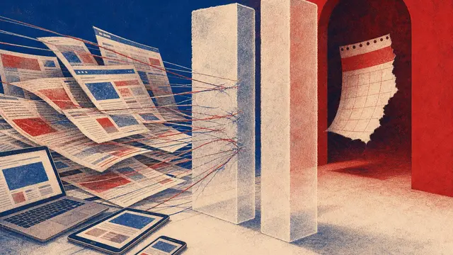 A risograph-style scene of newspaper and web pages halted behind a translucent pause barrier, with crawling threads caught in the middle and a calendar page sliding behind it.