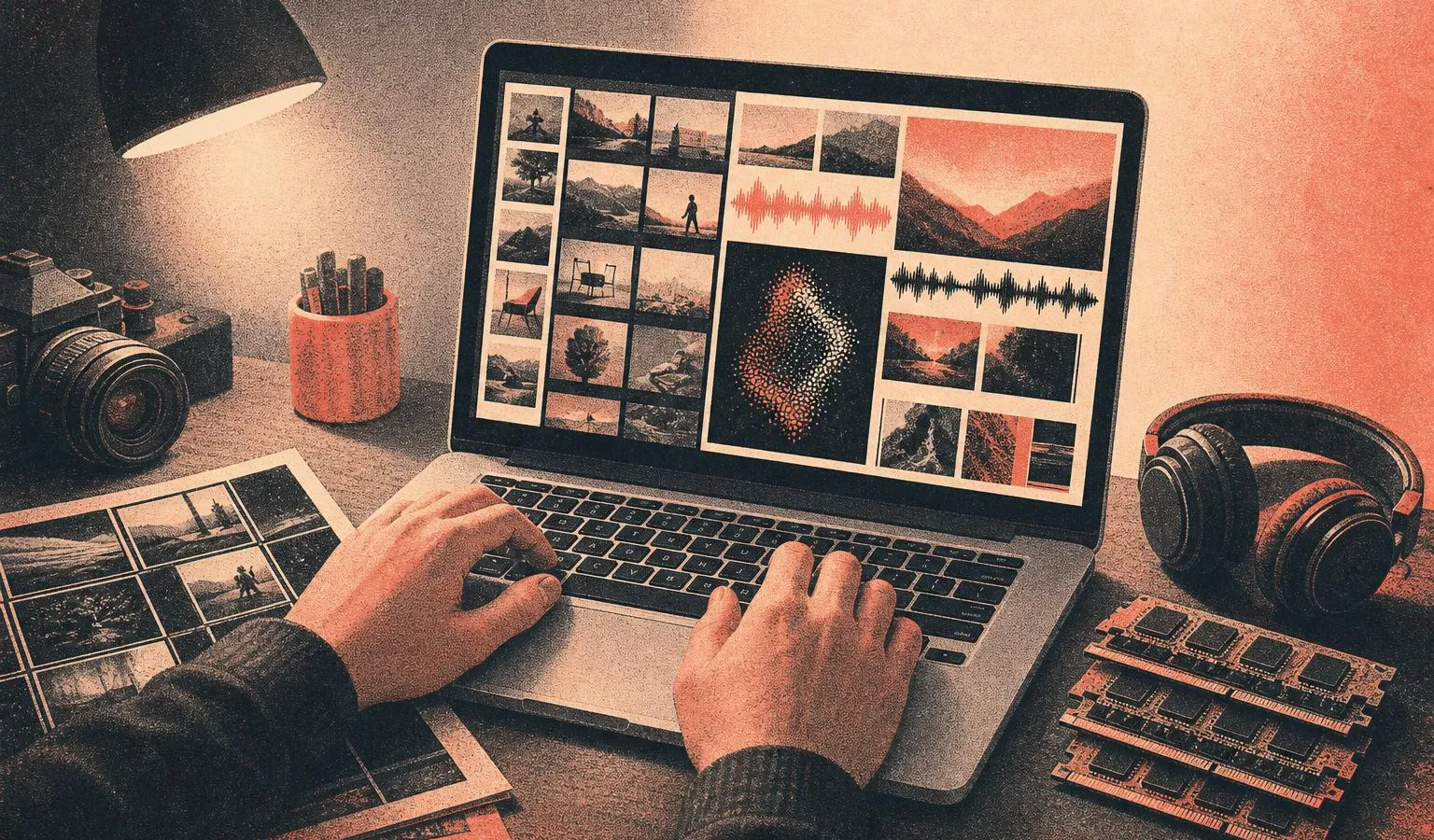 A compact laptop on a studio desk turns photos, audio, and video fragments into a dense local creative workspace, with memory modules stacked beside it.