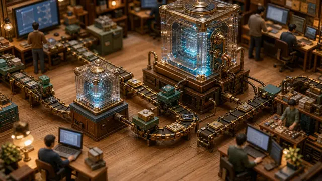 A warm miniature lab diorama shows two glowing AI model cores linked by tiny conveyors of code, memory cards, and task tools, surrounded by small anonymous builders.
