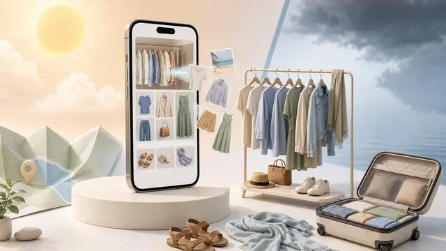 A generic smartphone turns outfit photos into a neatly organized virtual closet beside a suitcase, with weather and travel objects suggesting trip-ready styling.