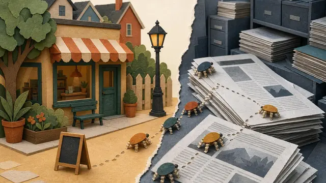 Paper-collage scene of tiny crawlers crossing a torn boundary from a storefront into a news archive.