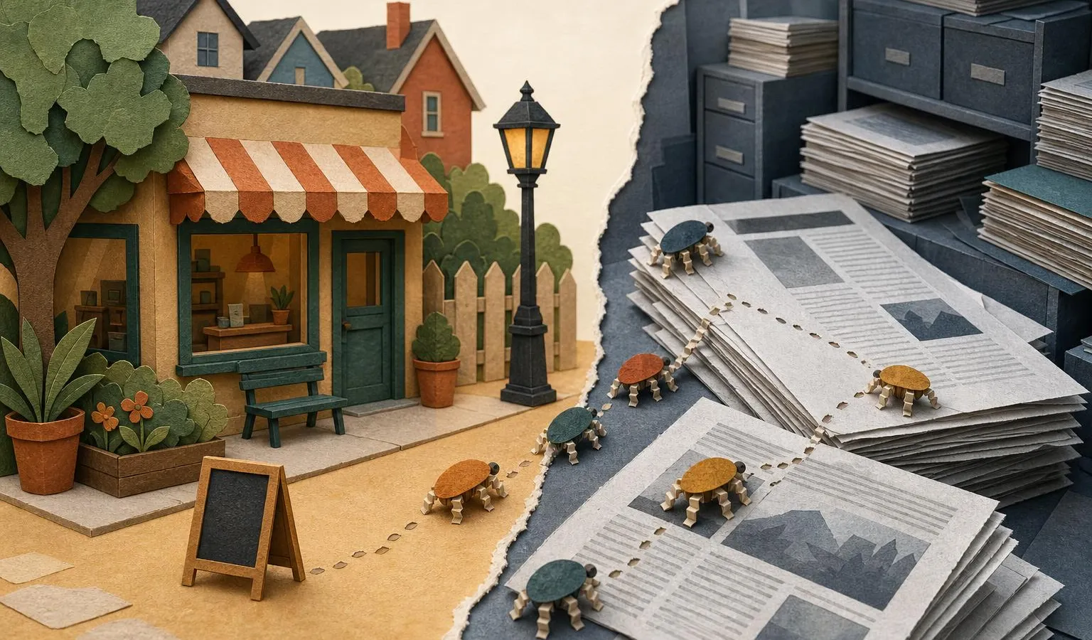 Paper-collage scene of tiny crawlers crossing a torn boundary from a storefront into a news archive.