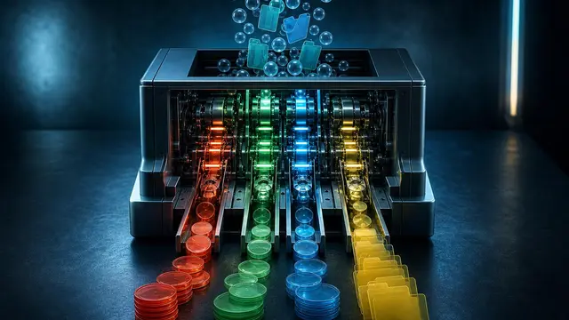 A compact AI sorter on a dark table splits incoming objects into four colored paths, symbolizing fast decision-making and routing.