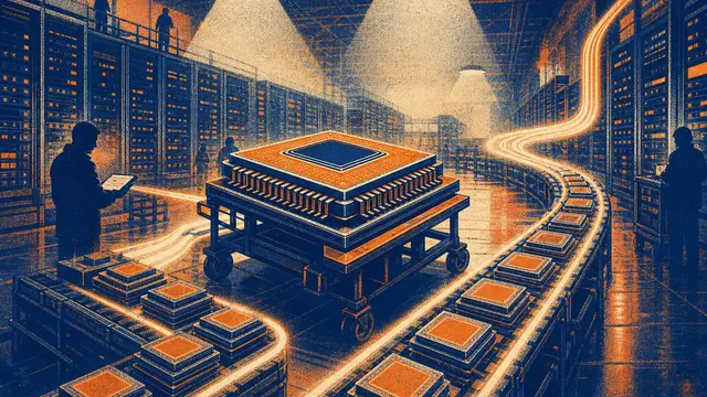 An oversized AI chip on a cart in the center of a vast data center, with stacked server trays and glowing pathways suggesting efficient inference.