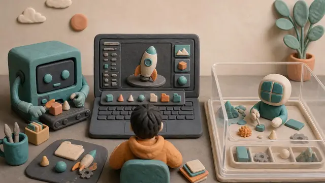 A claymation laptop and dev box power a tiny creator’s AI workflow while an agent works safely inside a transparent sandbox tray.