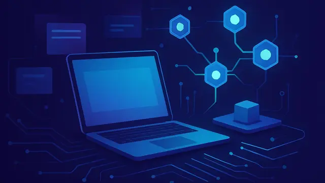 Abstract laptop and workstation with AI chip patterns and sandboxed workflow boxes