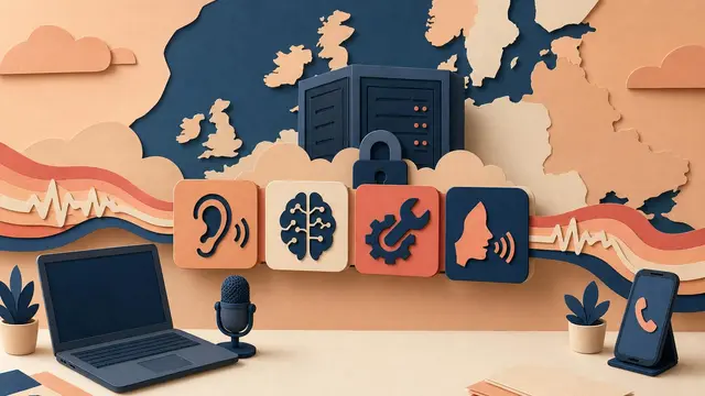 A paper-collage scene of voice waves moving through modular processing blocks beside a laptop and microphone, with a secure server outline in the background.