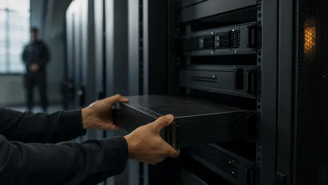 Anonymous technicians install a sealed black server module into a locked rack in a secure data room, suggesting private AI deployment for cybersecurity.