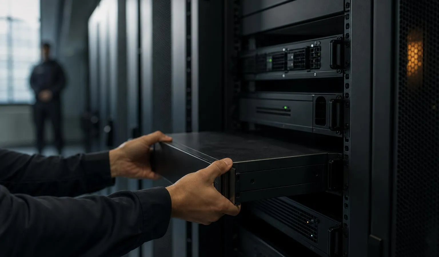 Anonymous technicians install a sealed black server module into a locked rack in a secure data room, suggesting private AI deployment for cybersecurity.