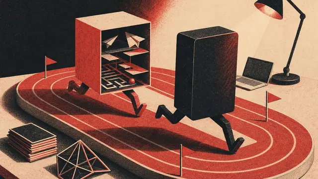 Two abstract AI model blocks race around a benchmark track, with one open cube slightly behind a leading monolith amid paper-like coding and 3D geometry props.