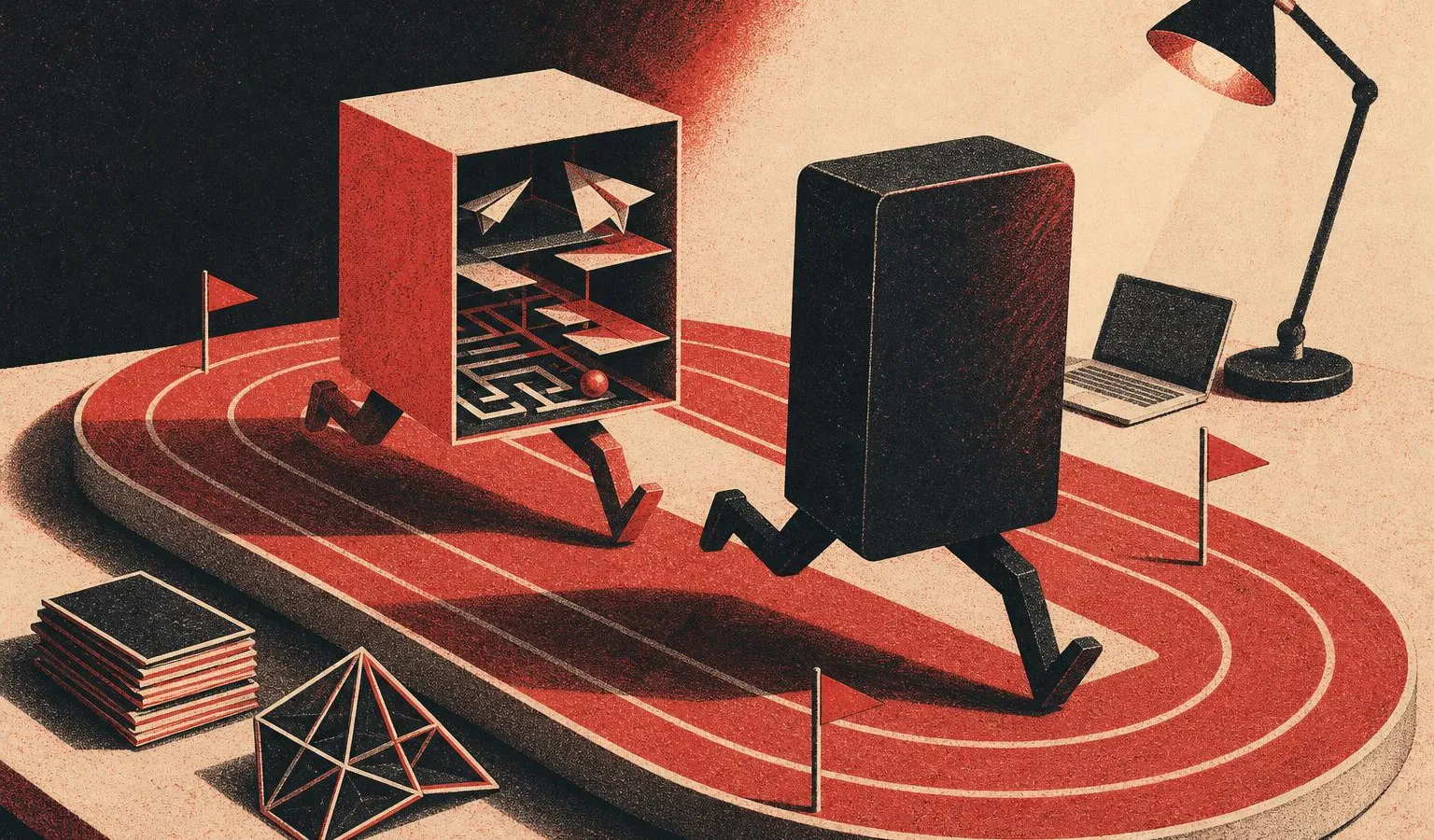 Two abstract AI model blocks race around a benchmark track, with one open cube slightly behind a leading monolith amid paper-like coding and 3D geometry props.