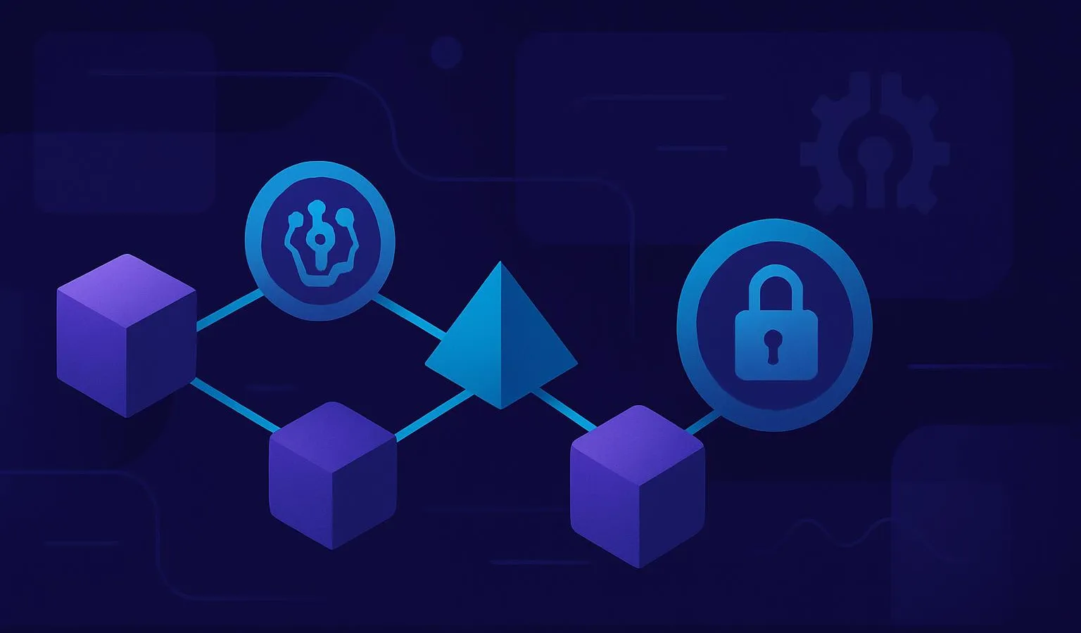 Abstract connected AI agents moving through secure business workflows