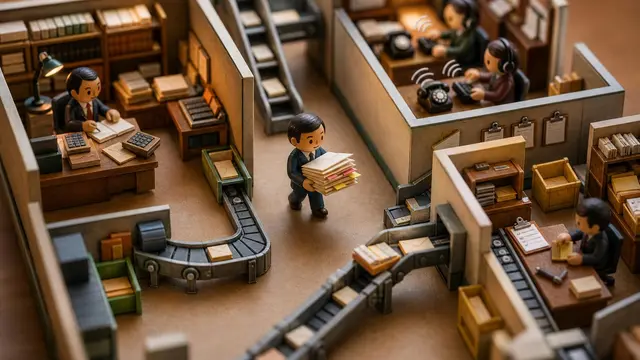 A tiny tilt-shift office diorama shows an AI agent figurine moving paperwork between finance, support, and operations rooms under warm light.