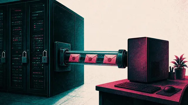 A secure data center and a small desktop computer connected by sealed agent packets in a limited-color risograph illustration.