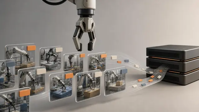 A robotic gripper annotates floating video frames and routes them through a clean data pipeline into stacked GPU-like blocks in a minimal studio scene.