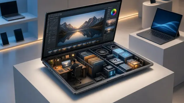 An isometric premium laptop in a showroom reveals a tiny productive workspace inside it, suggesting powerful local AI on a Windows machine.