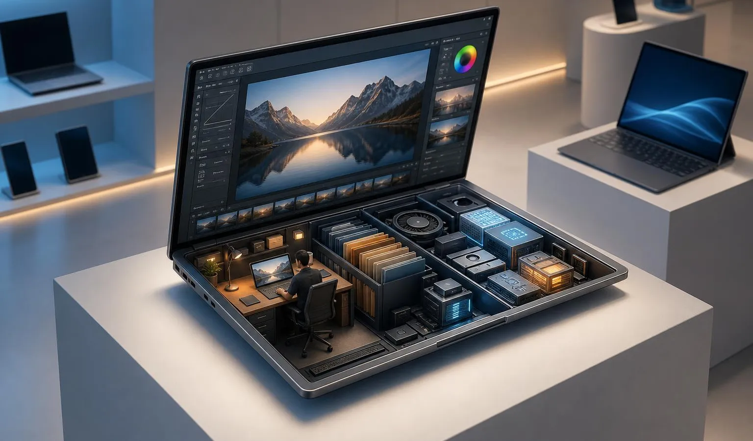 An isometric premium laptop in a showroom reveals a tiny productive workspace inside it, suggesting powerful local AI on a Windows machine.
