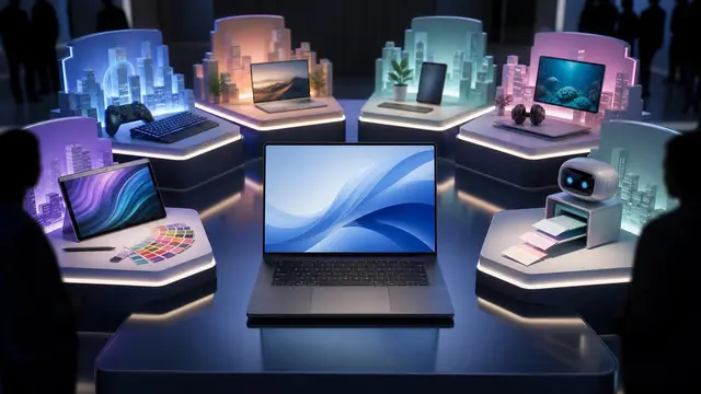 A sleek laptop at the center of six glowing demo stations in a dark event hall, symbolizing global launch events and creator, gamer, and AI-agent use cases.