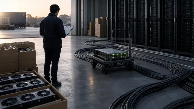 A dawn-lit data center loading dock with stacked GPU crates, cable pathways, and a lone engineer preparing hardware for large-scale AI deployment.